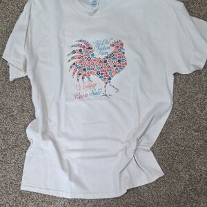 White T-Shirt with Floral Rooster Design